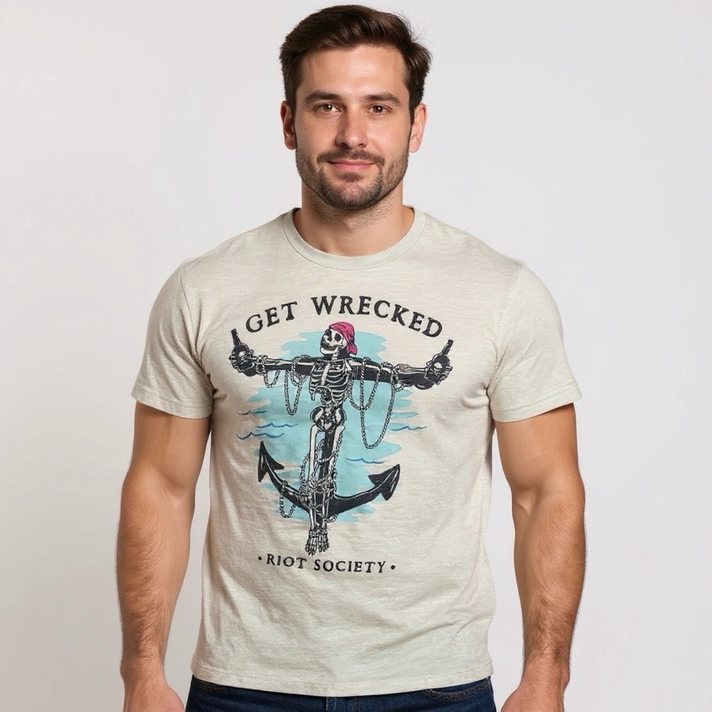 Riot Society Get Wrecked Pirate Graphic Tee White Cotton Shirt Sz S